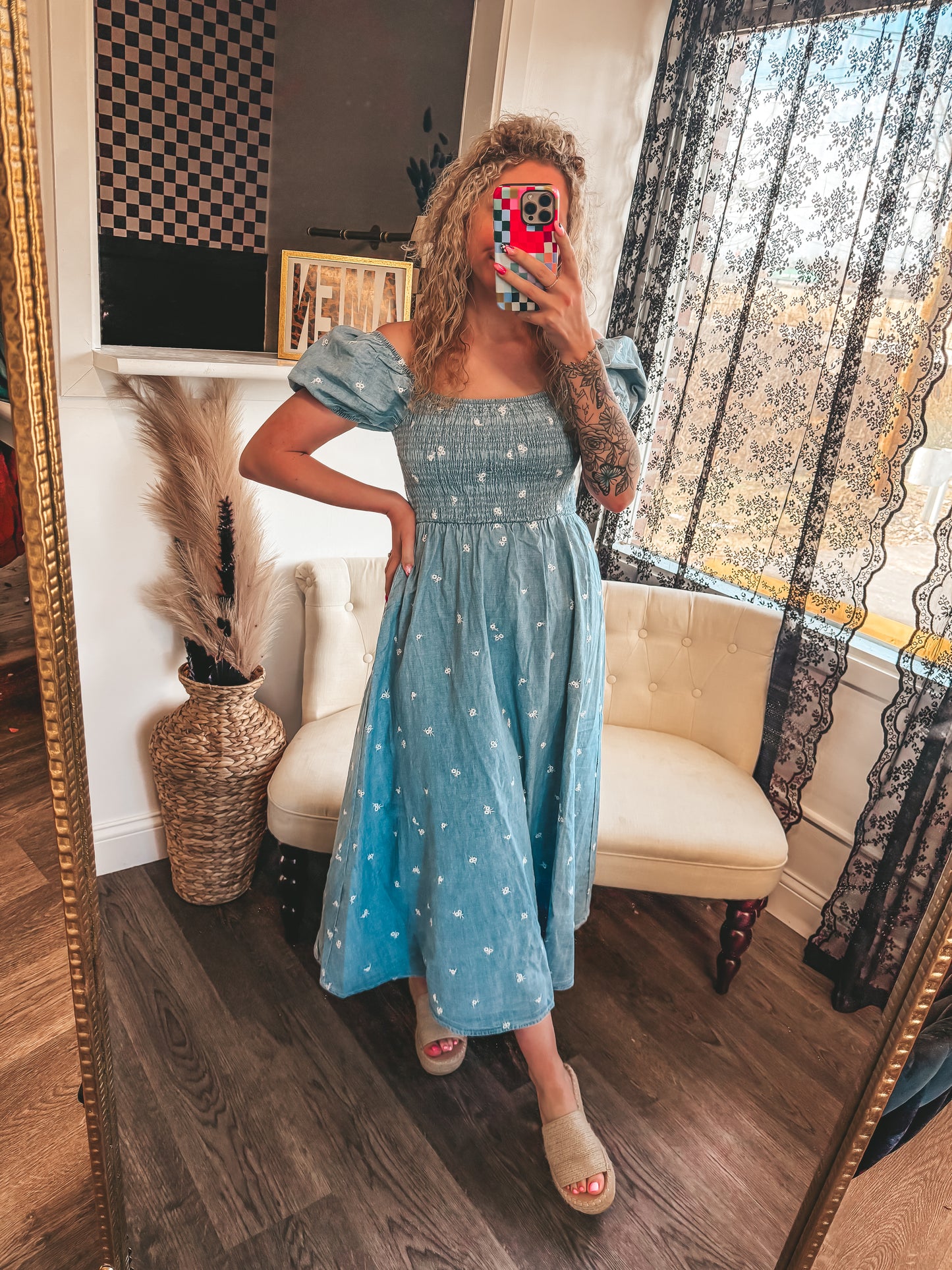 chambray denim floral dress (small-3x)