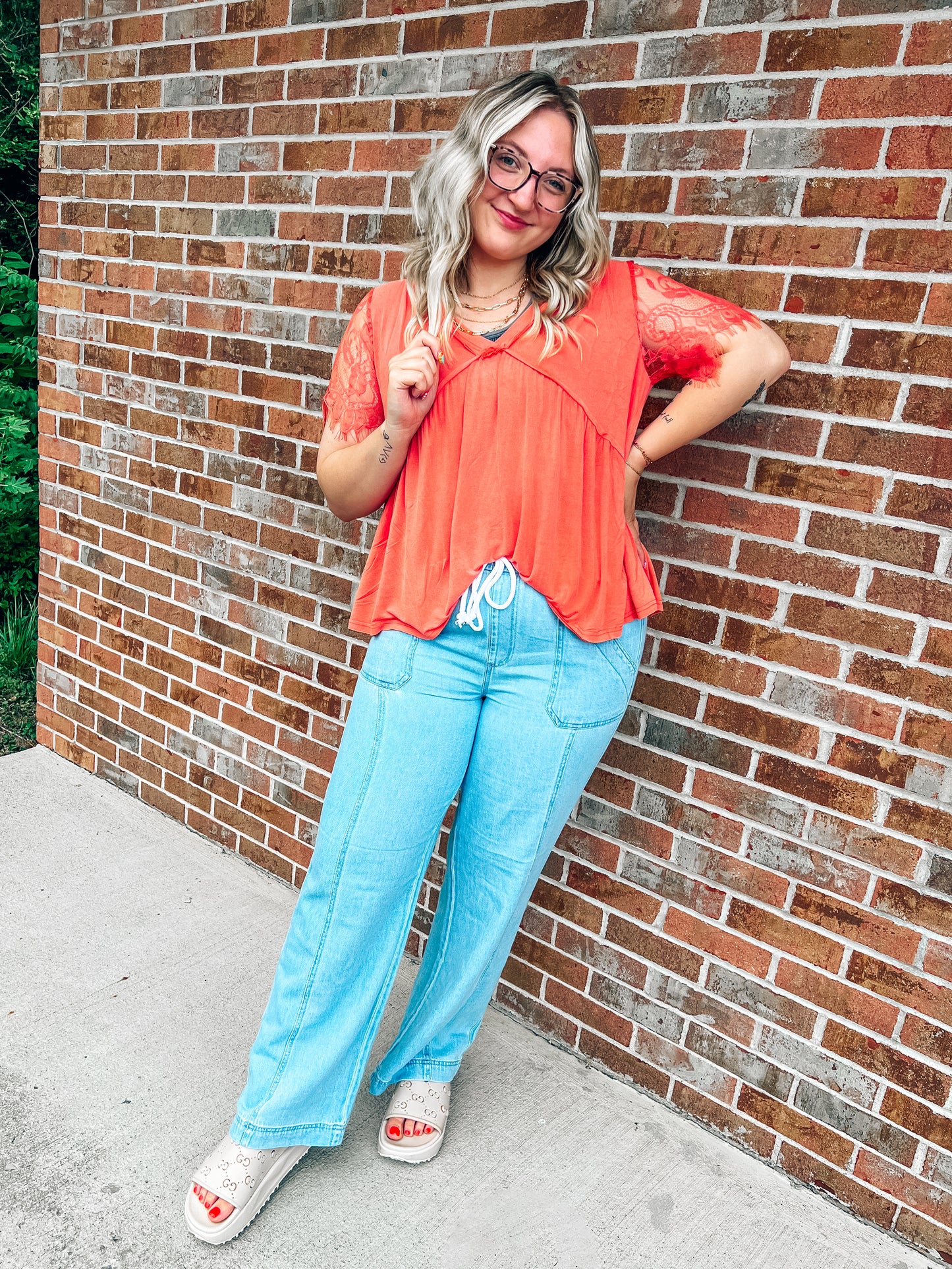 coral lace sleeved top