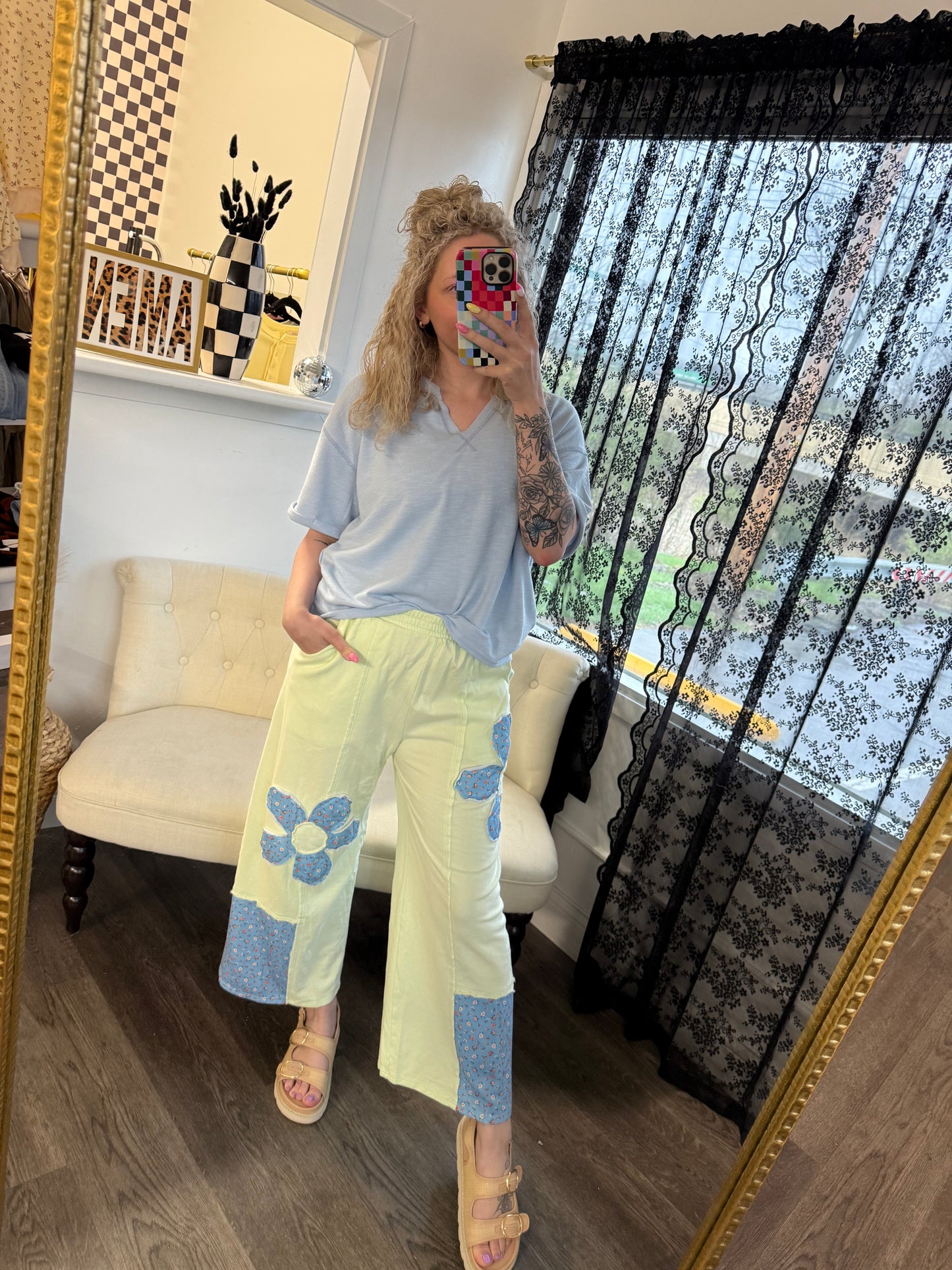 soft lime french terry blue flower patch pants
