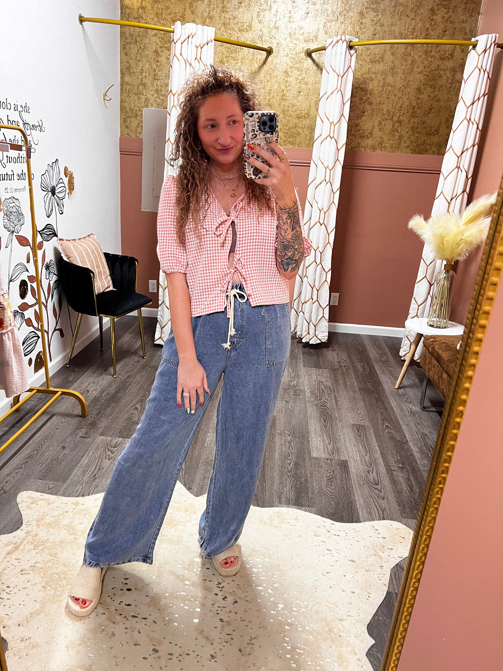 gingham bow tie puff sleeve top in 2 colors