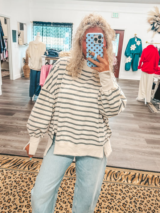 Taupe & grey striped mockneck