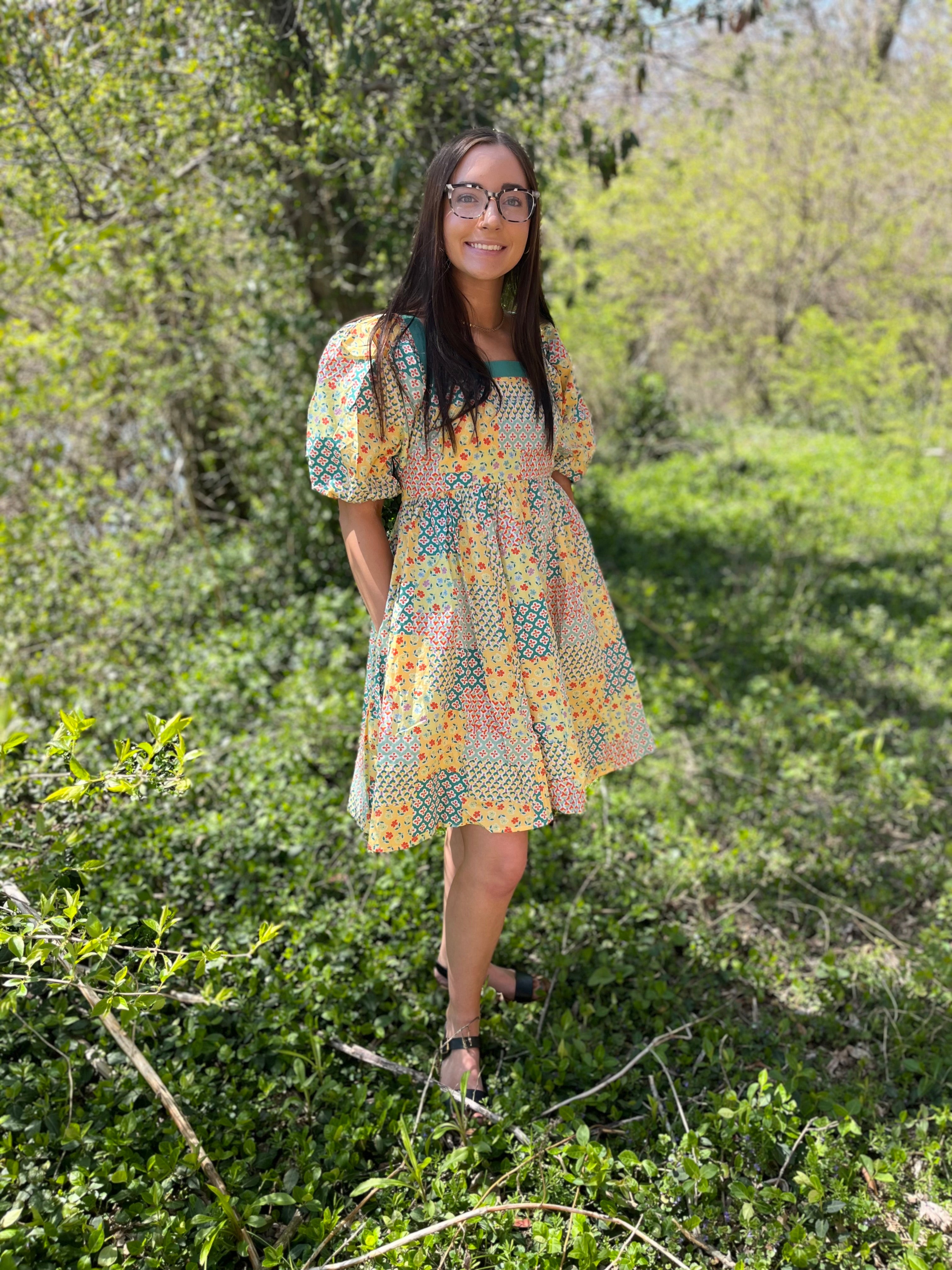 patchwork floral yellow and teal puff sleeve dress