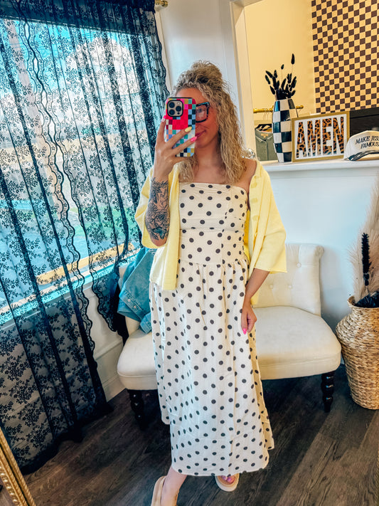 ivory and brown polka dot strapless dress