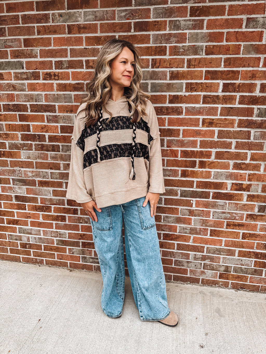 waffle lace hooded top