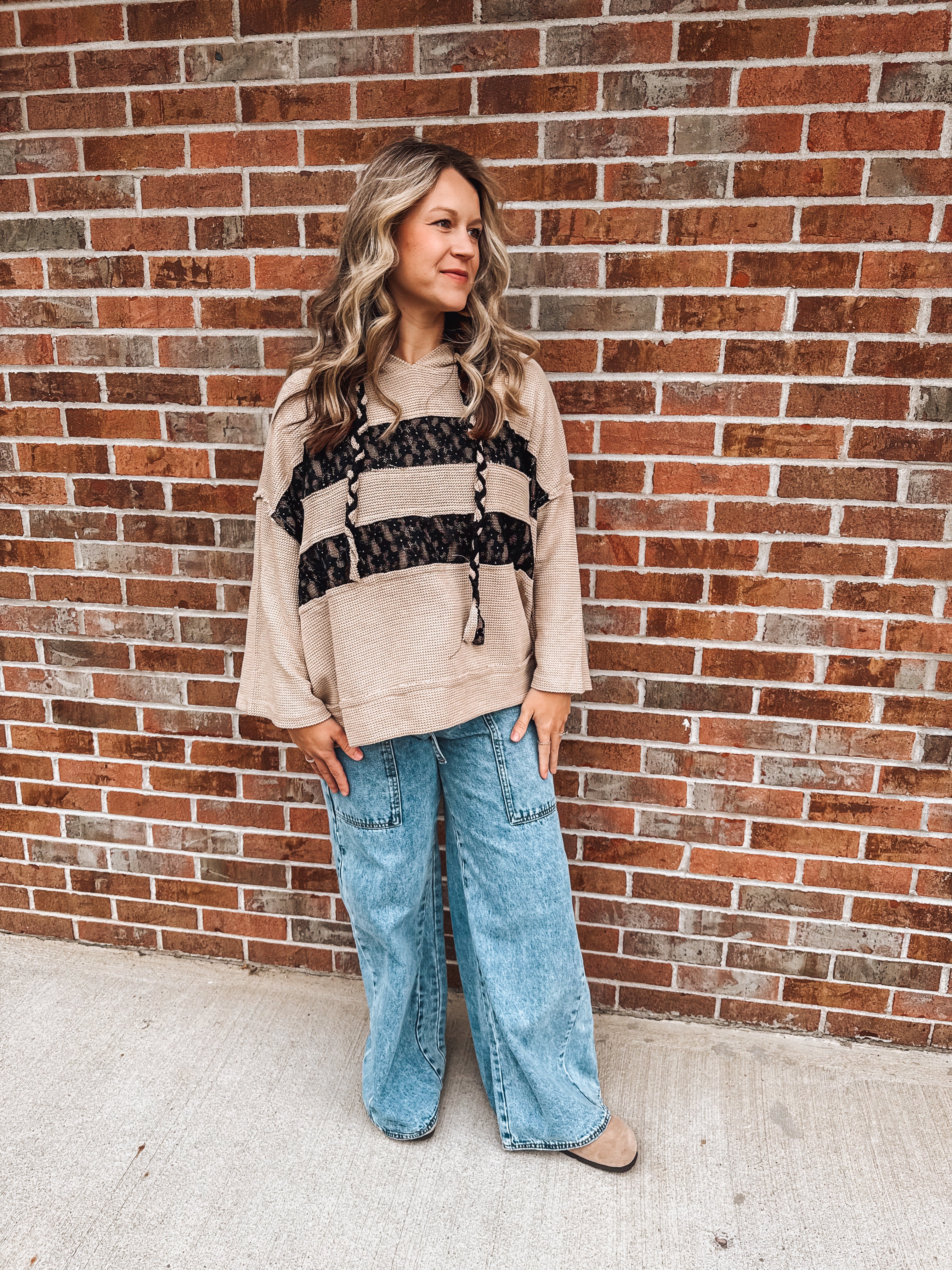 waffle lace hooded top