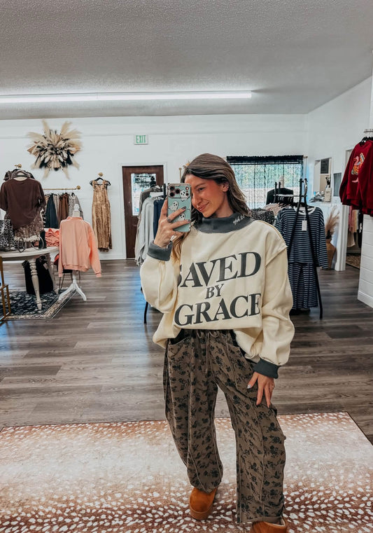 Puff print saved by grace mock neck