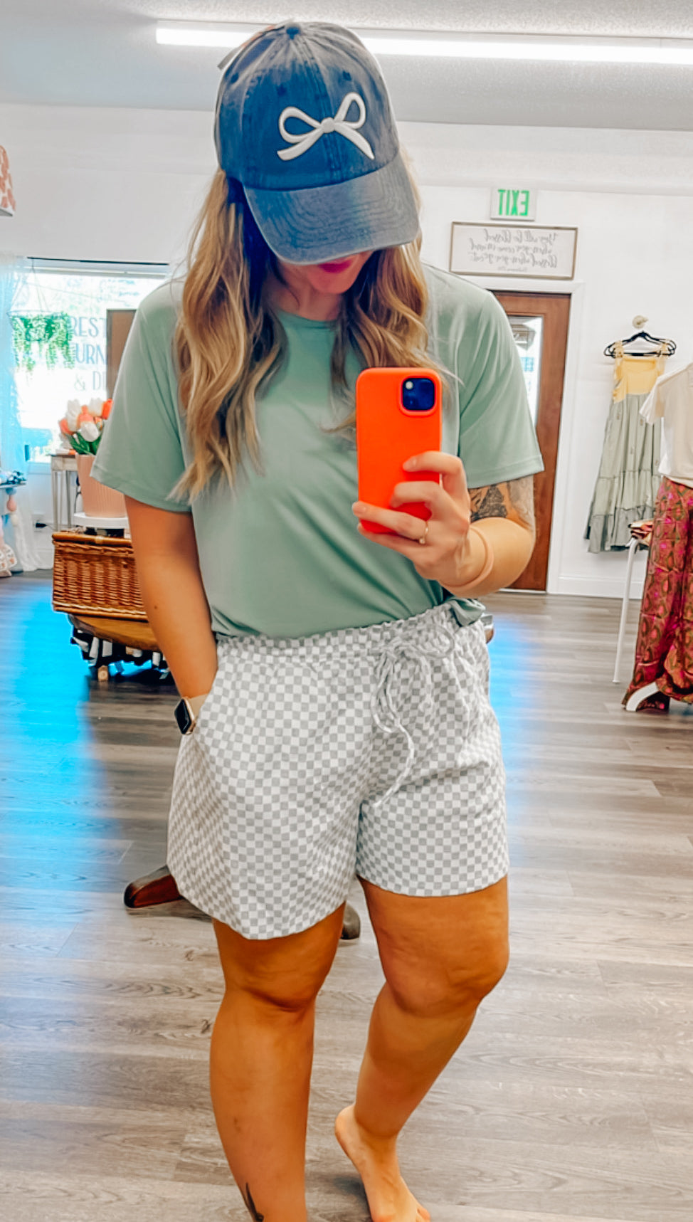 grey and white paper bag waist shorts