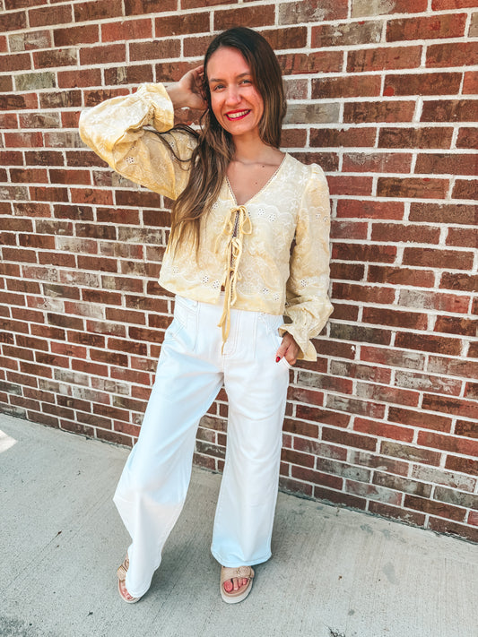 yellow embroidery tie front top