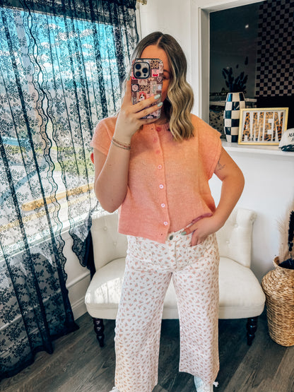 peach floral denim pants with elastic back waist