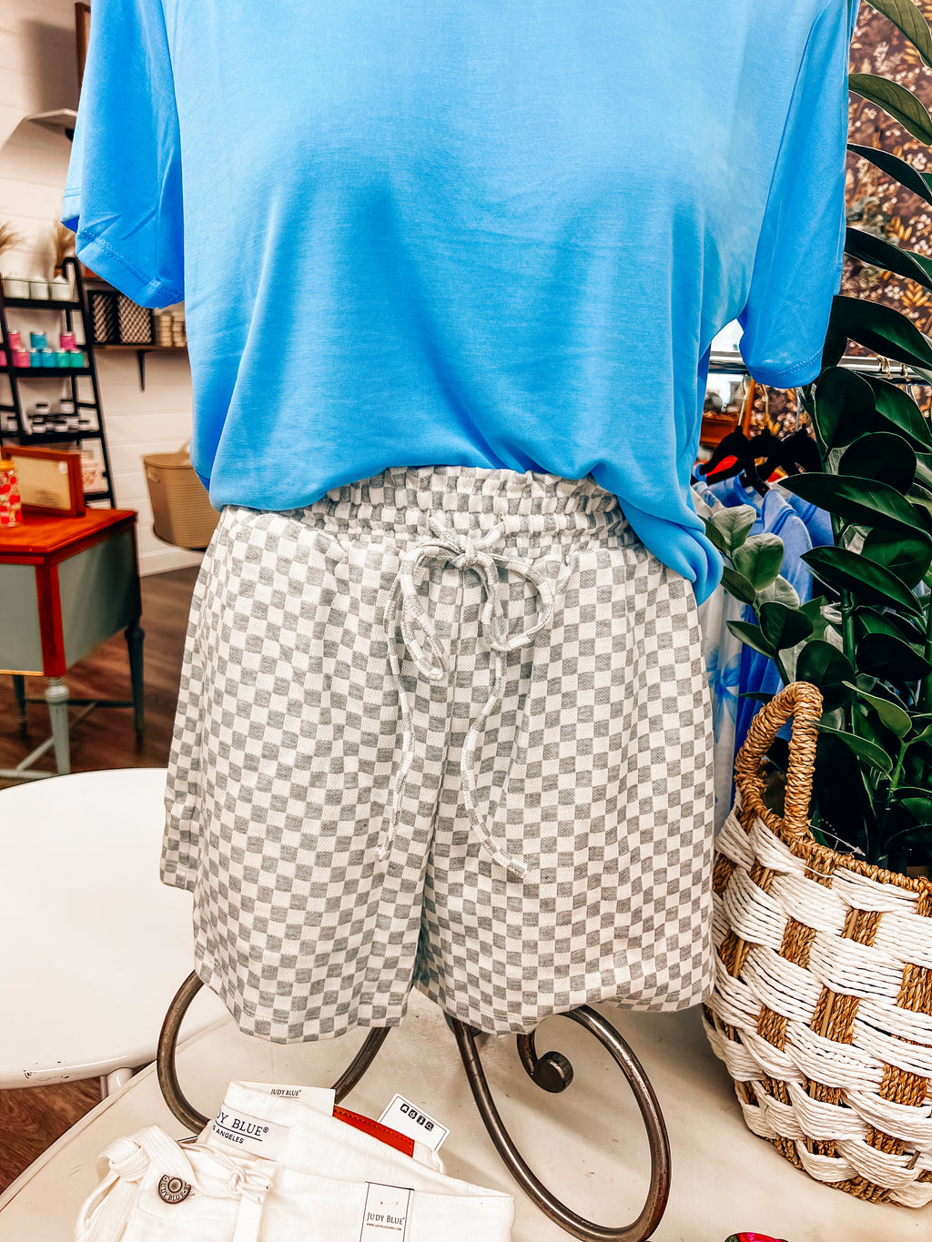 grey and white paper bag waist shorts