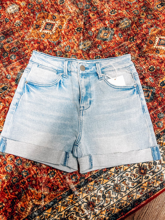 light wash risen denim shorts