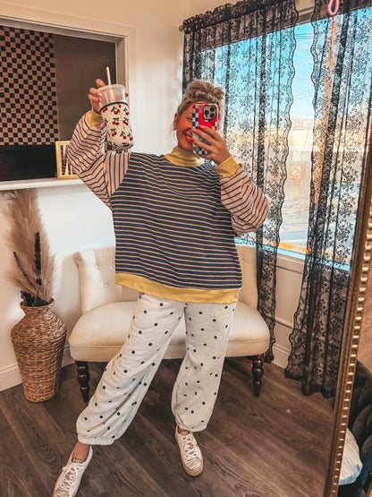 striped contrast ribbed navy & yellow mock neck