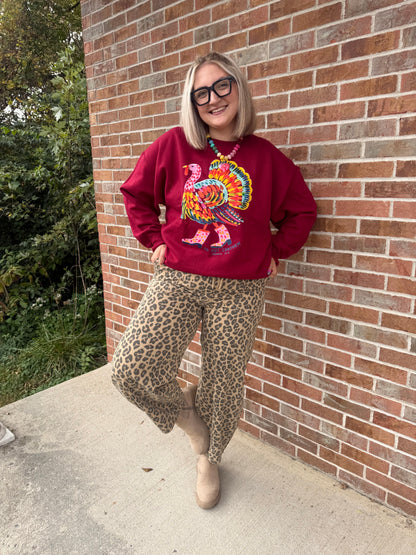 Leopard print drawstring barrel pants