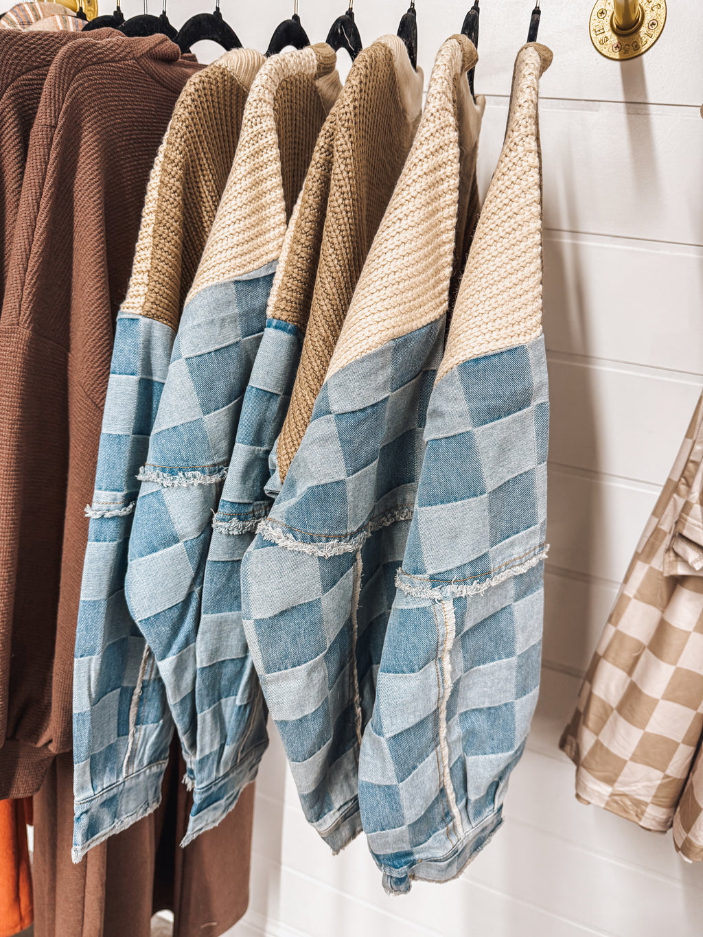 denim checkered sleeve beige sweater