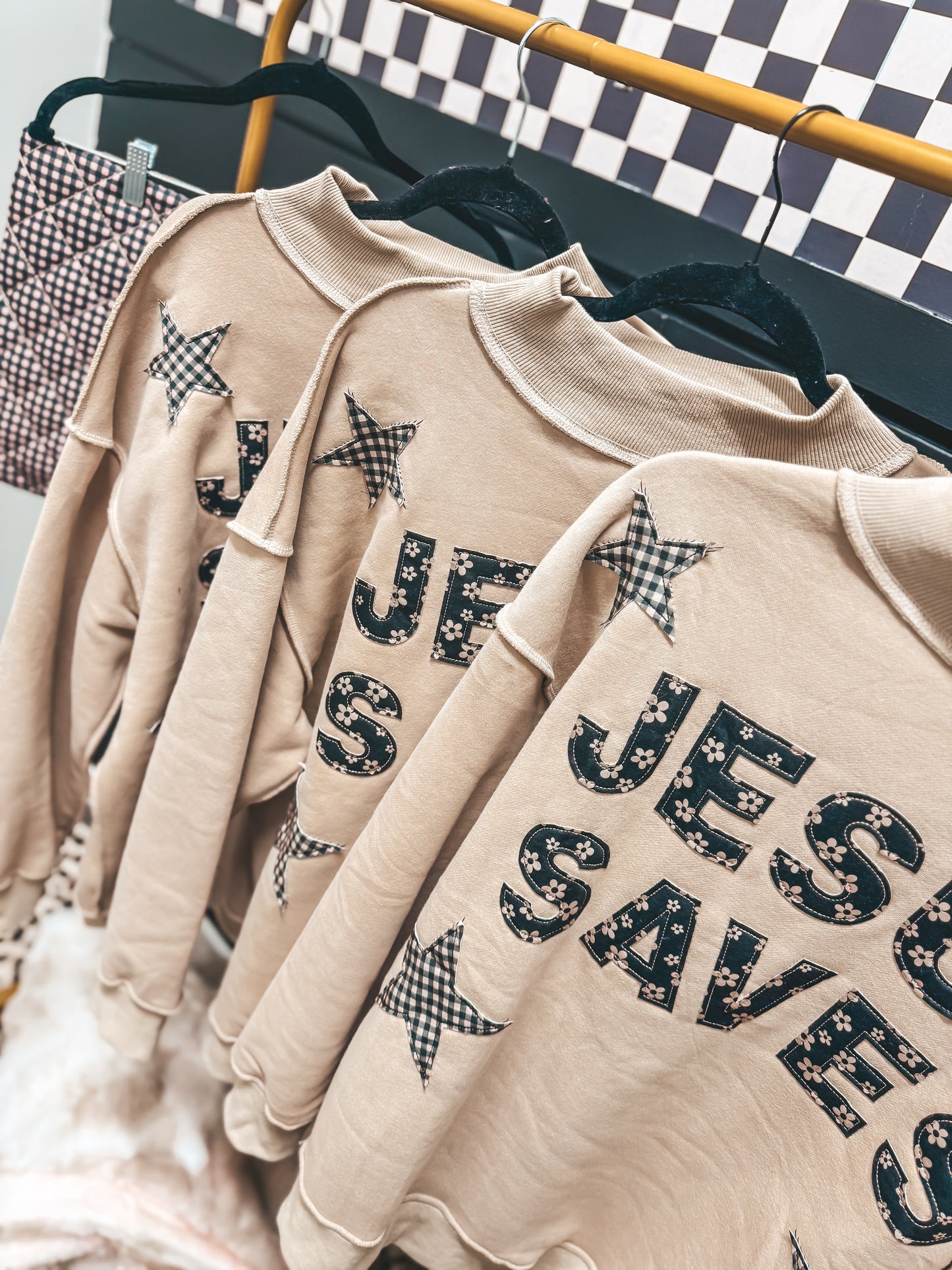 F&F Jesus saves embroidered appliqué mock neck