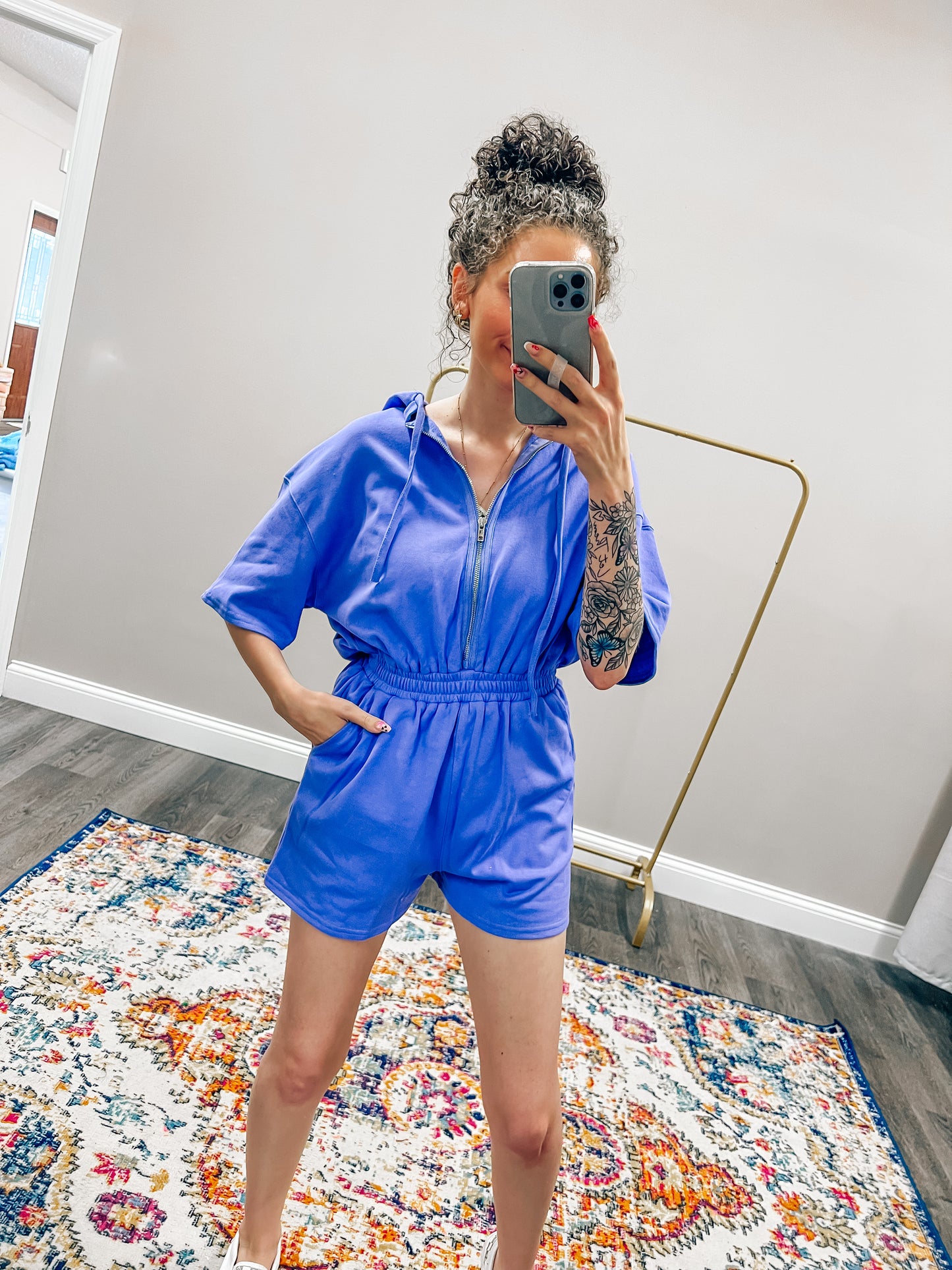 periwinkle cinched hooded romper