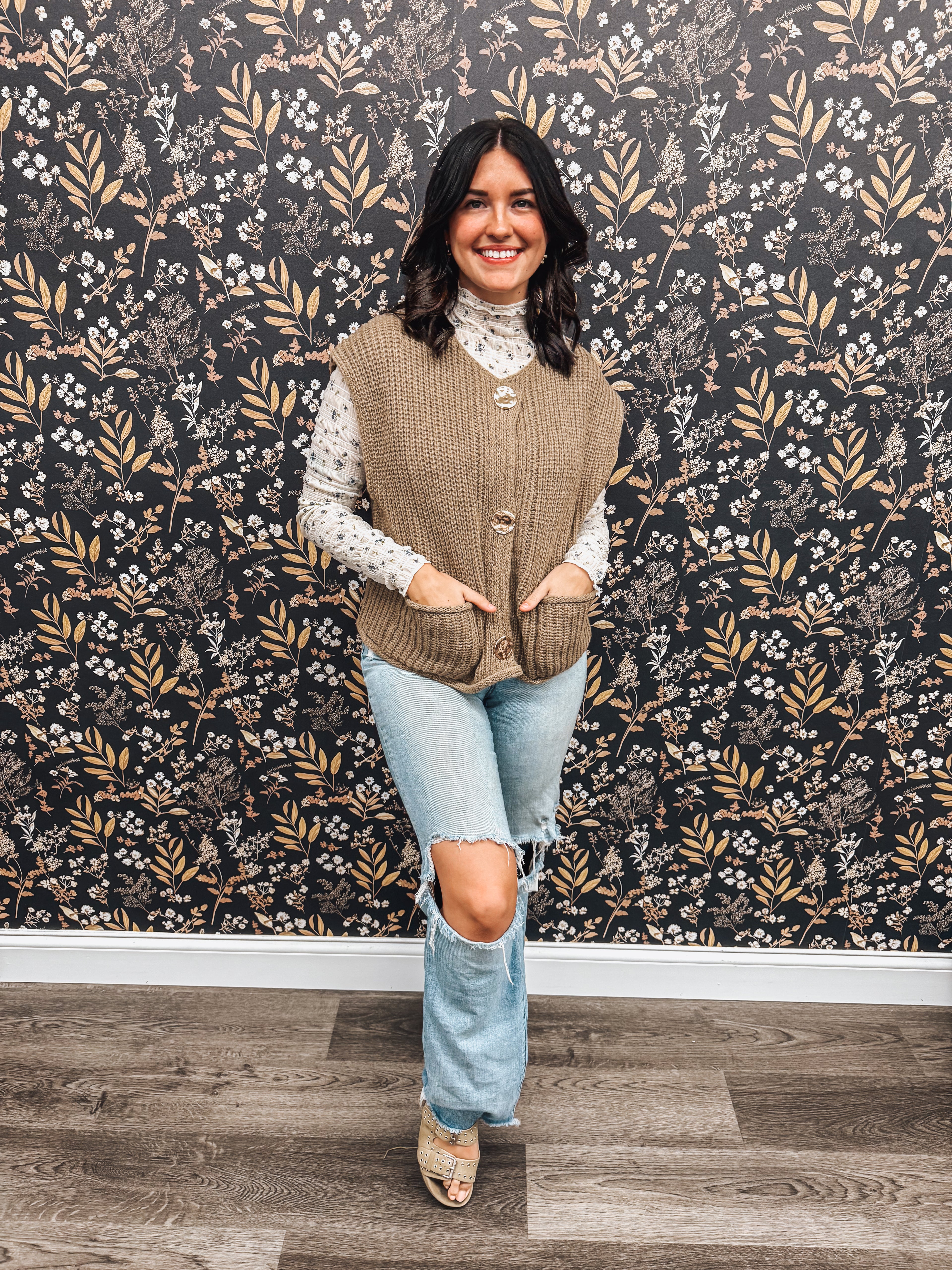 coffee sweater vest with gold buttons