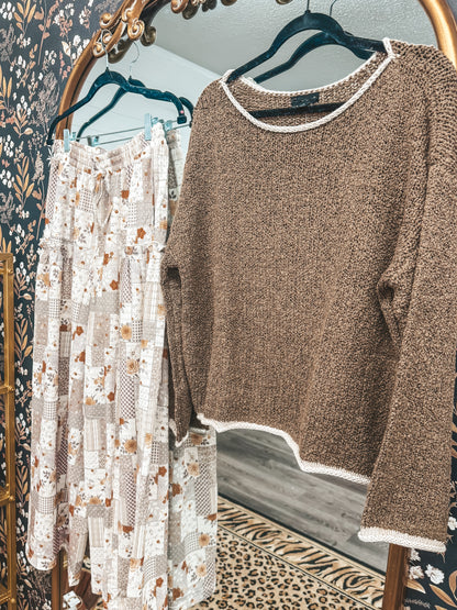 Boatneck contrast trim long sleeve knit sweater in mocha