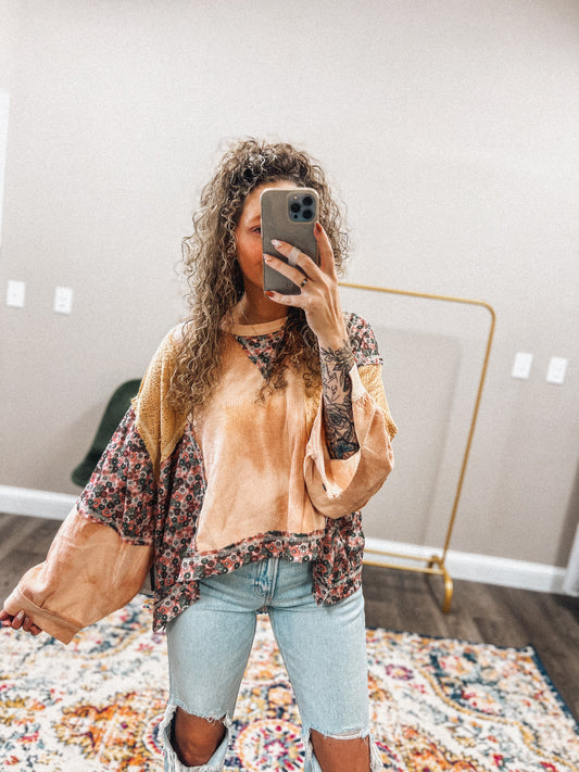 RESTOCK (ships in one week)-Pumpkin floral contrast detailed top