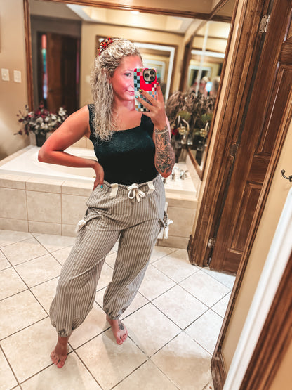 Mocha striped joggers with bow details