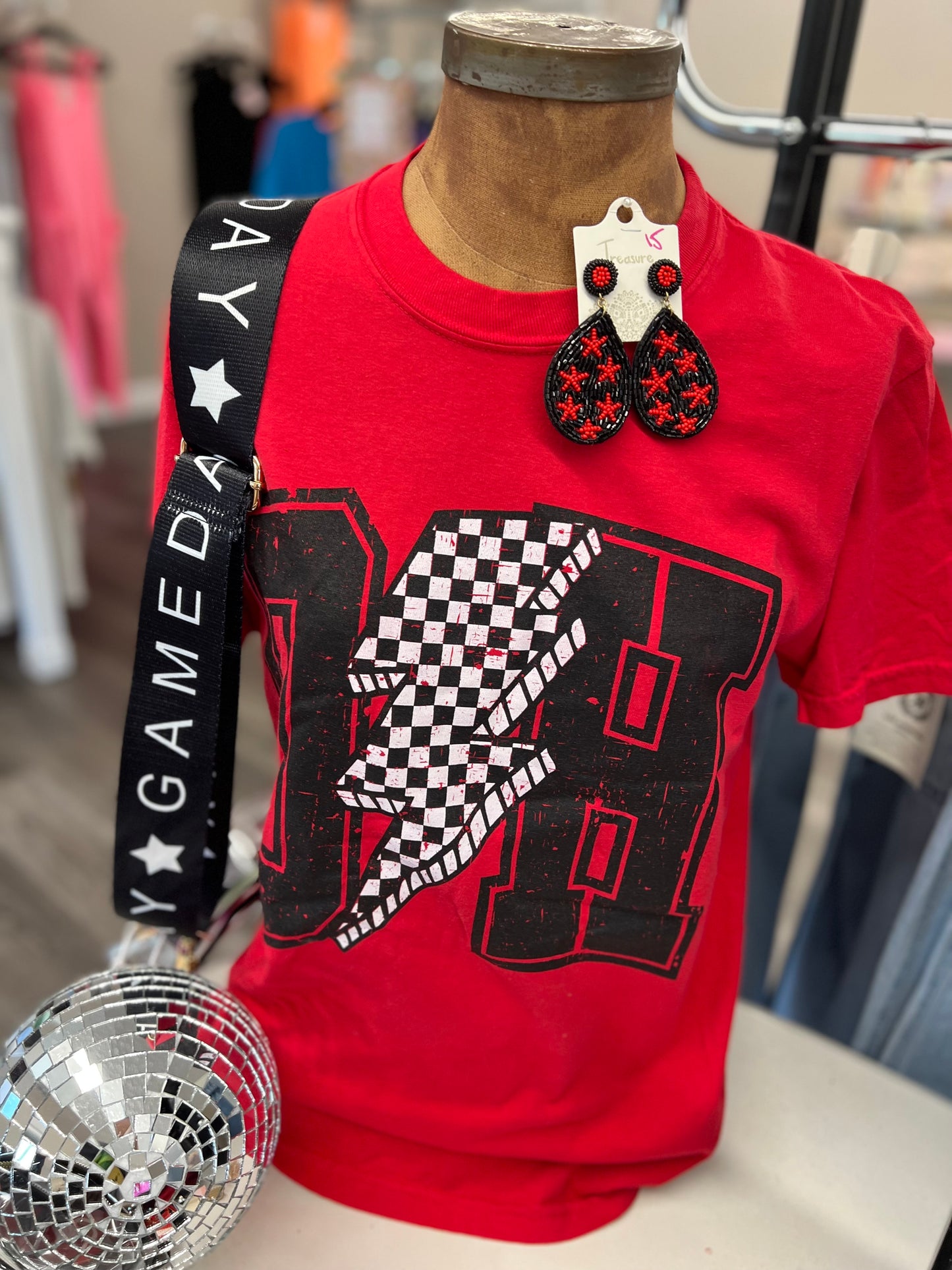 OH red bolt checkered tee