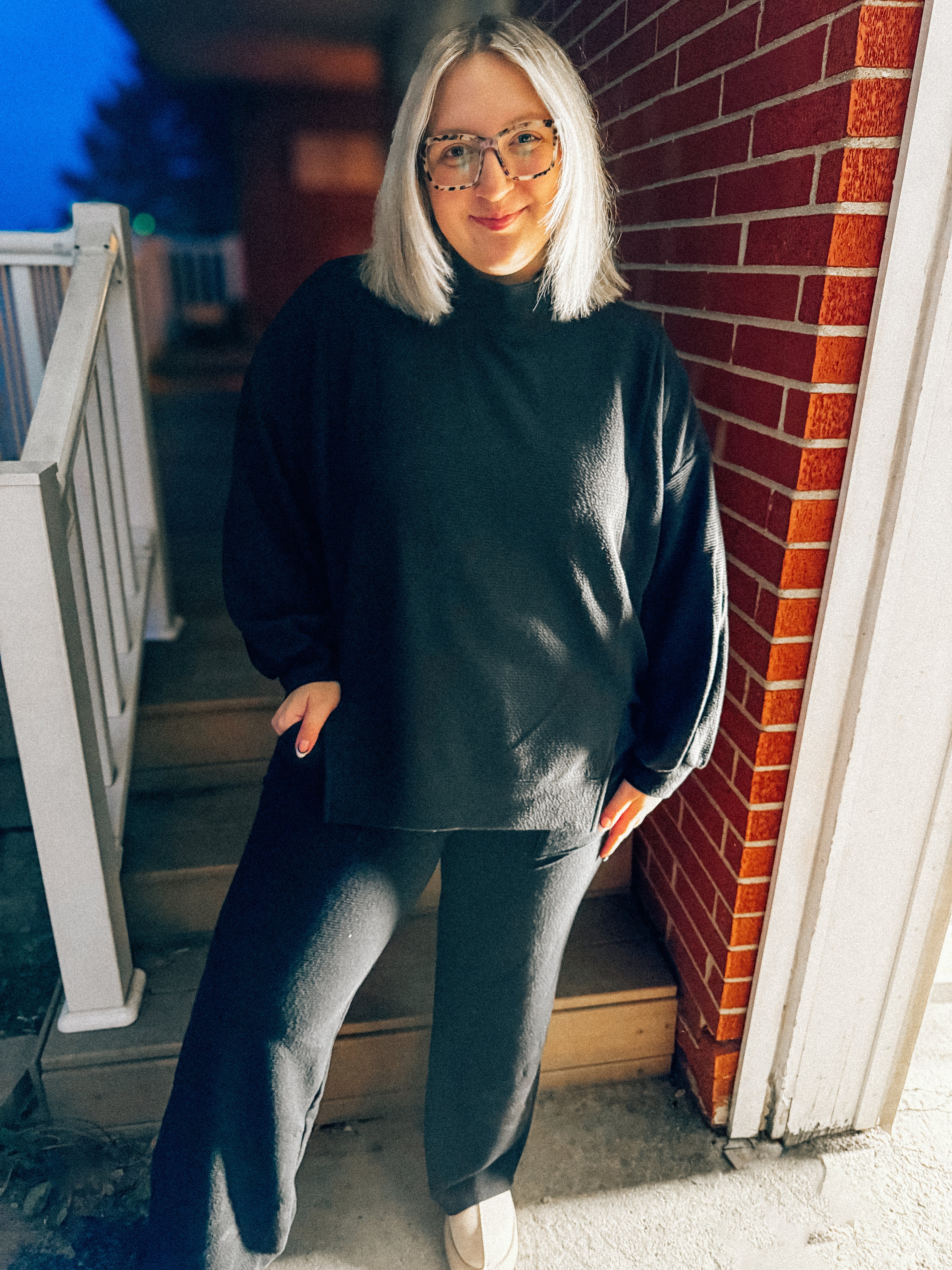 mock neck cloudy knit top and bottom set in 2 colors