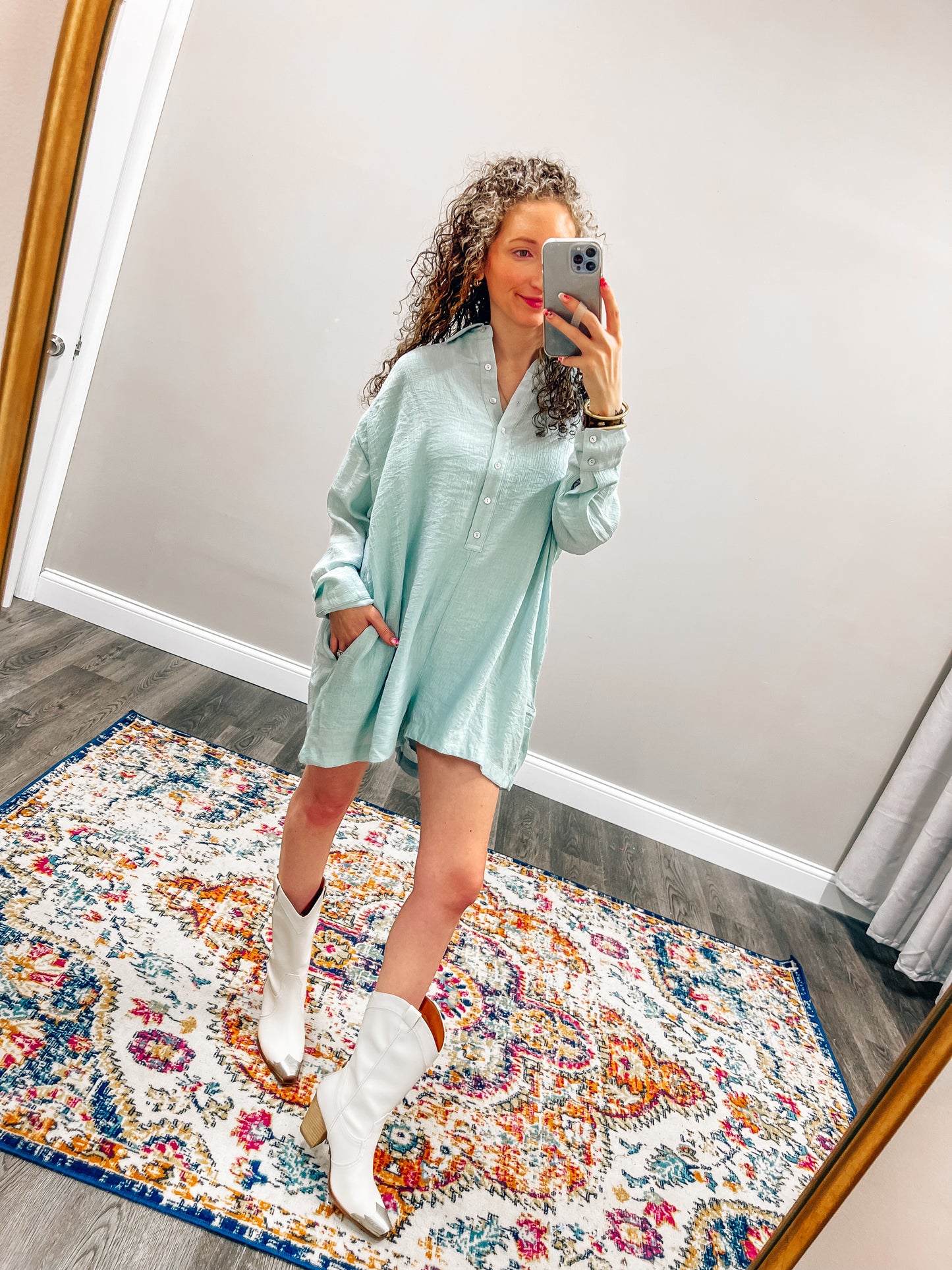 sky linen bottom up long sleeve romper ￼