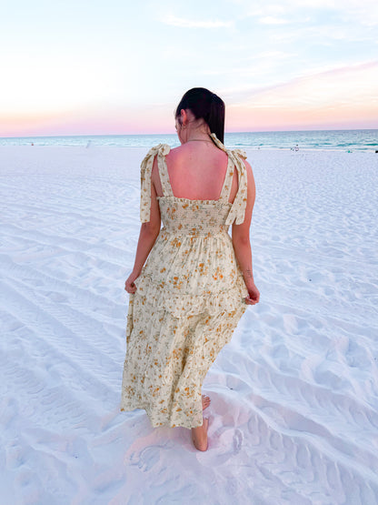 sunset floral ruffle detail midi dress