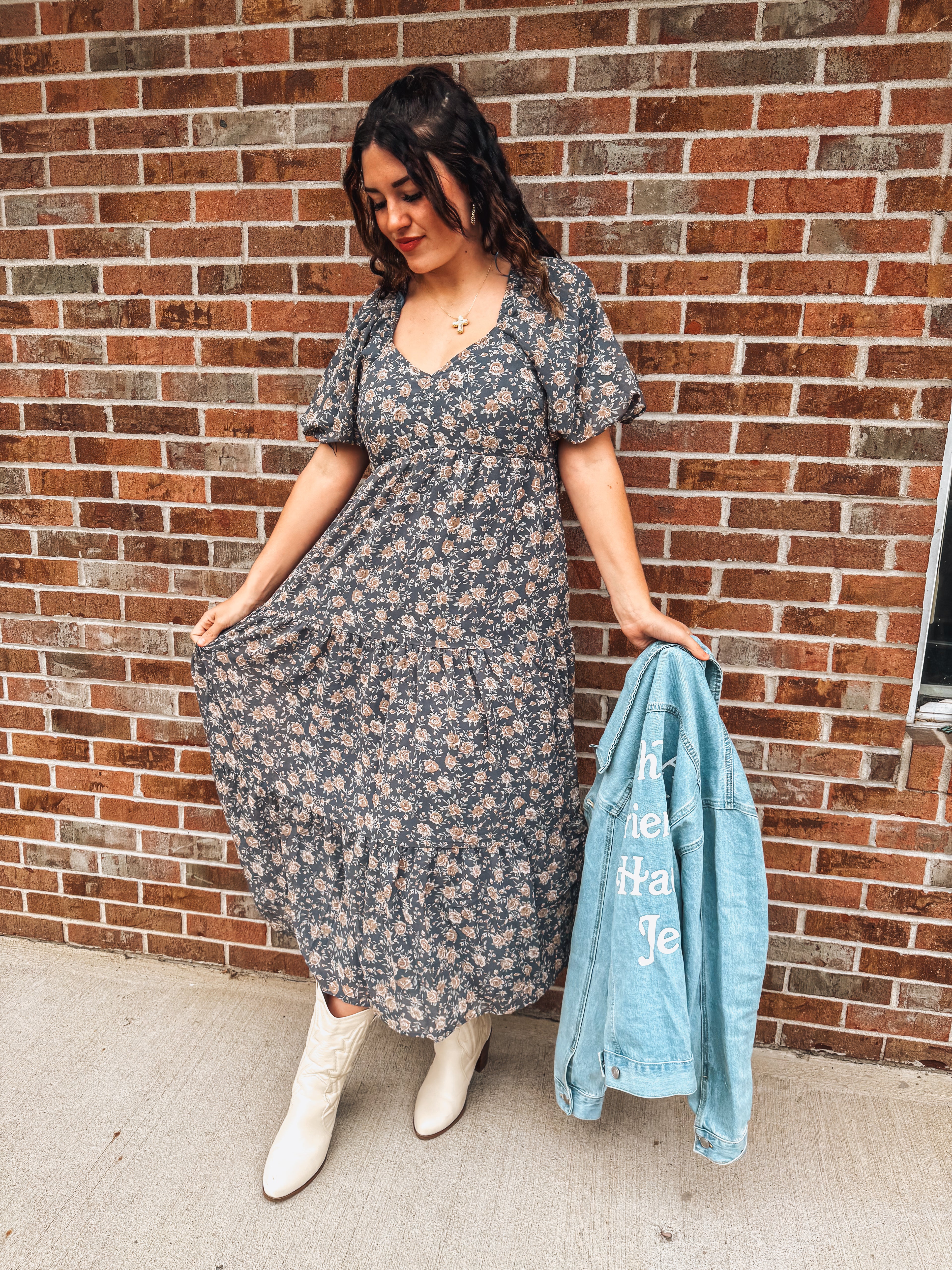 dusty blue fall floral dress xs-3x