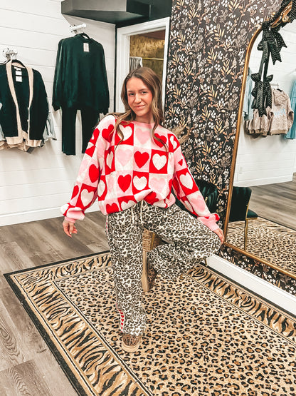 heart checkered oversized sweater