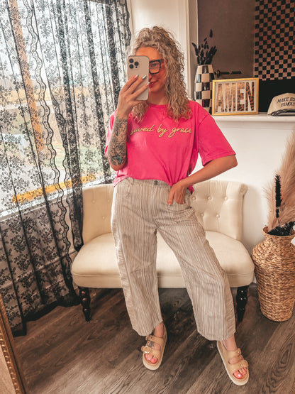 mushroom striped barrel twill pants