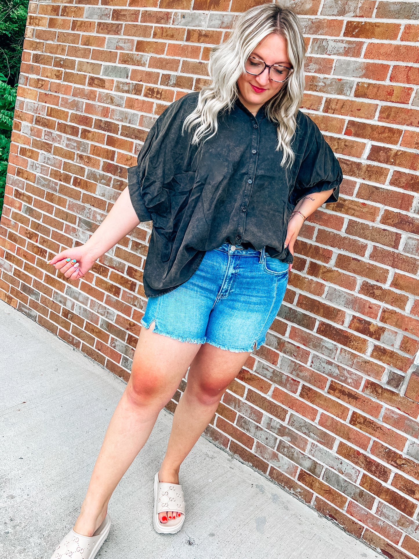 oversized button up black washed top