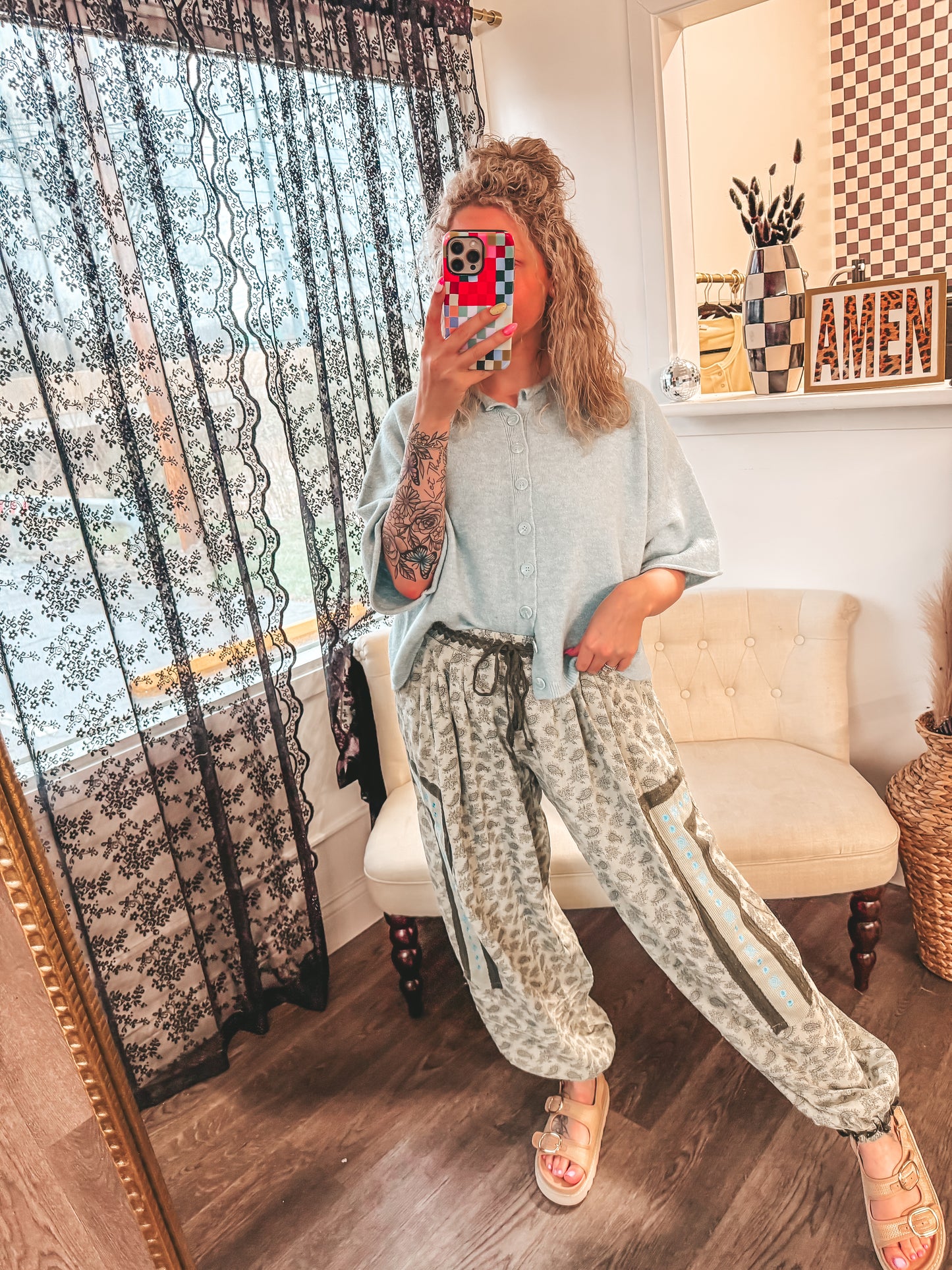 POL matcha floral bogo pants with blue details RESTOCK