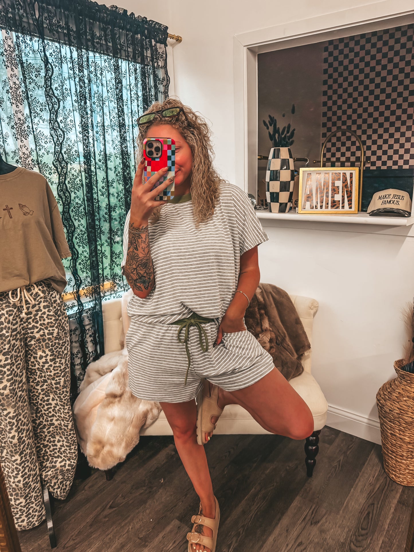 grey and olive striped shorts set