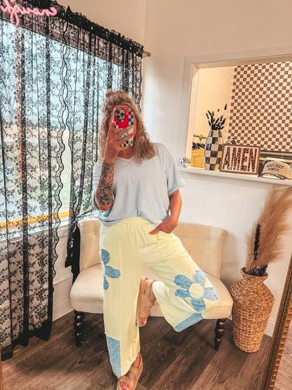soft lime french terry blue flower patch pants