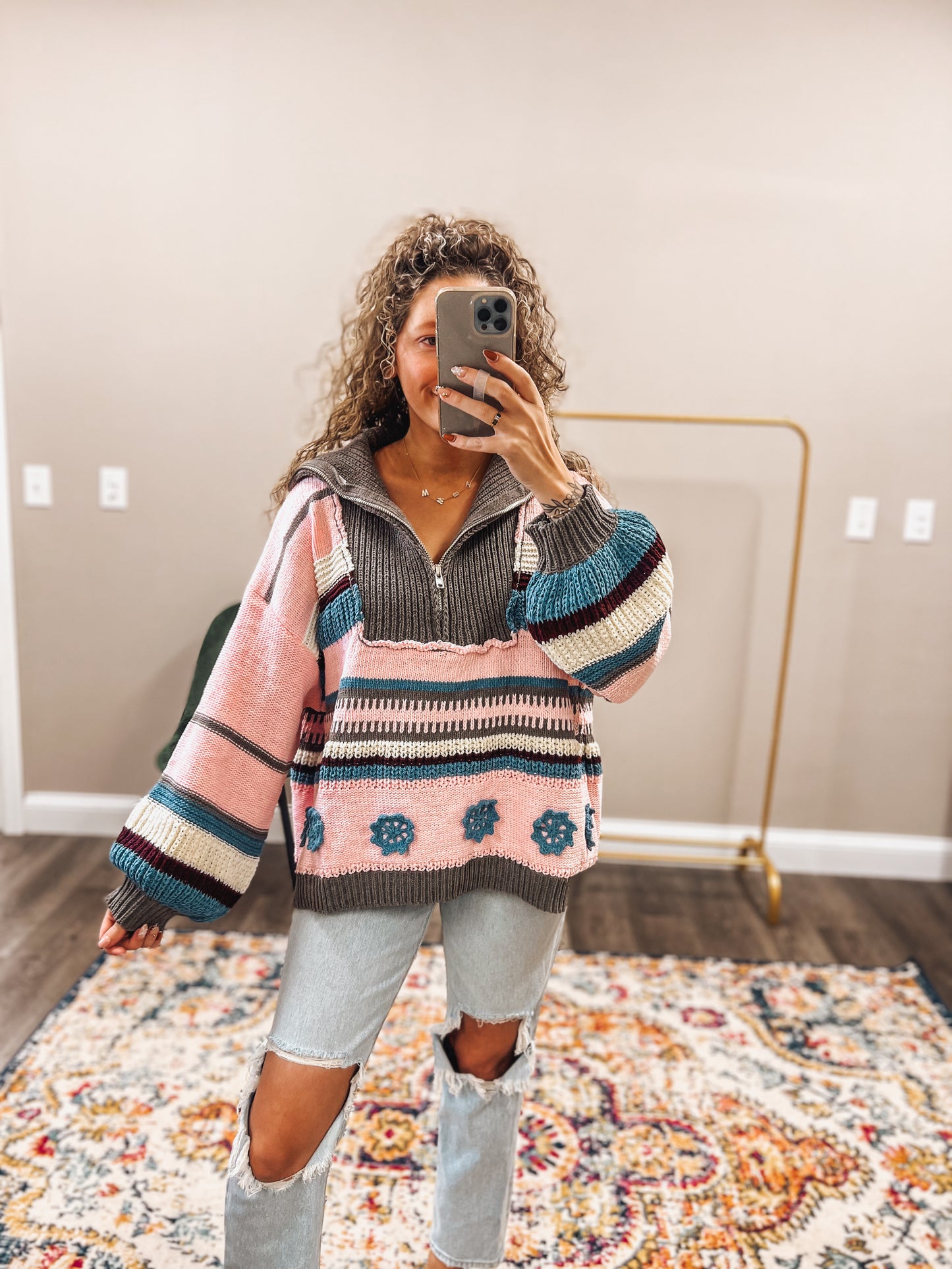 RESTOCK(ships in 1 week) grey & pink multi boho quarter zip sweater pullover