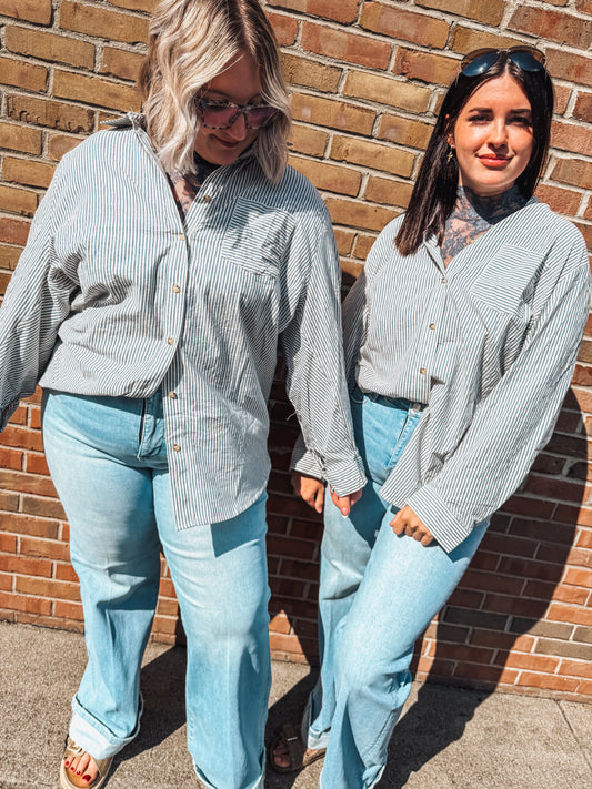 cotton pinstripe oversized button down top