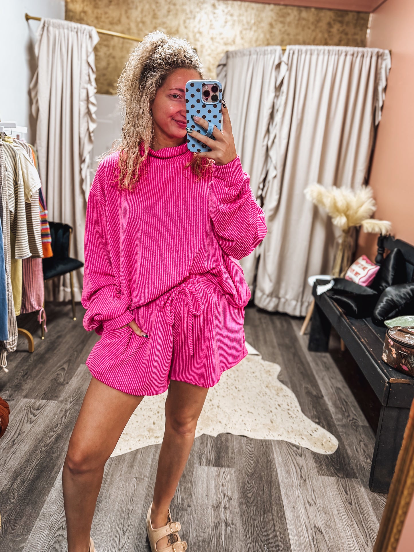 Pink ribbed mockneck short set