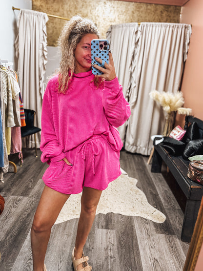 Pink ribbed mockneck short set
