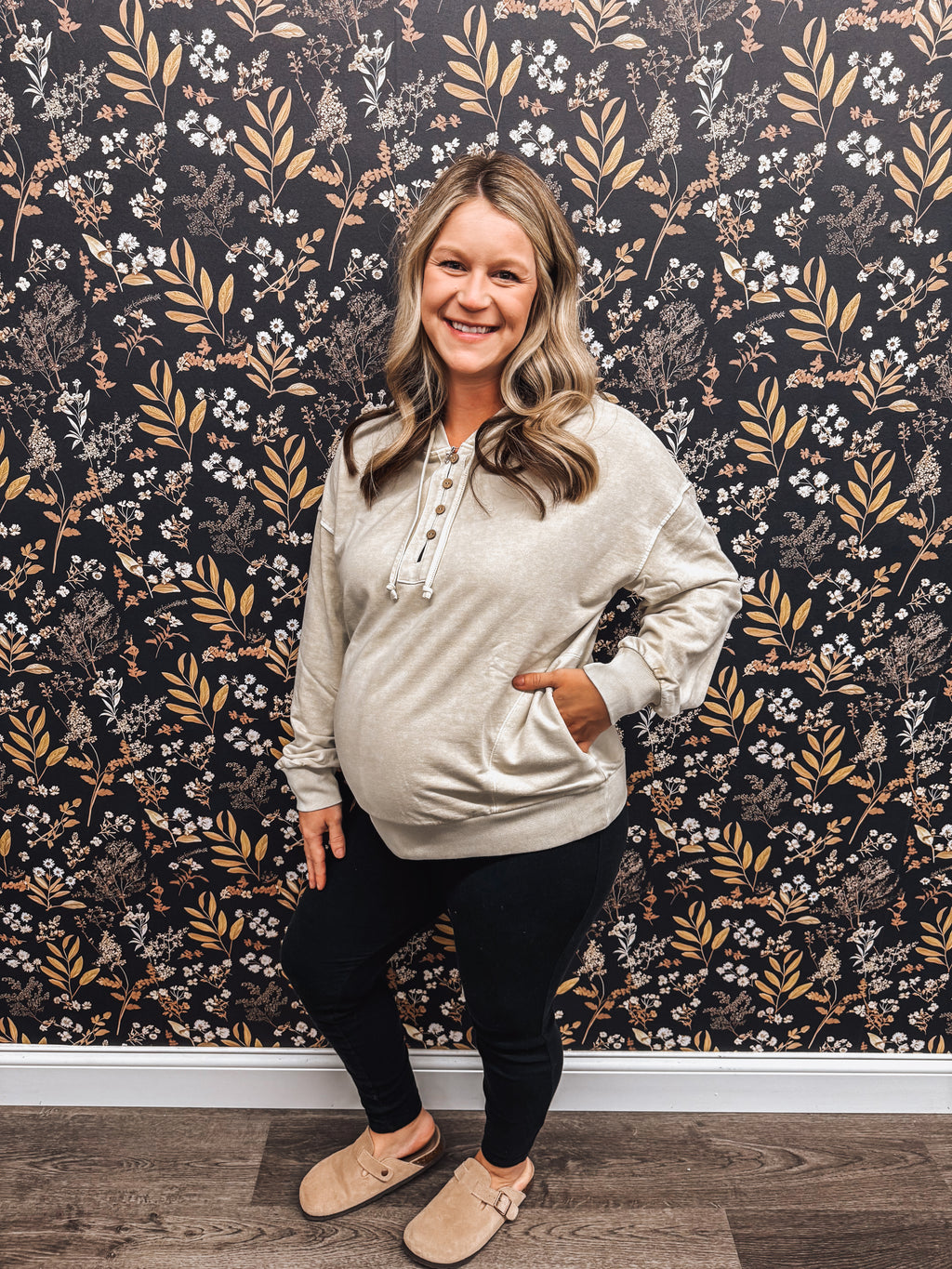 washed oatmeal henley hoodie