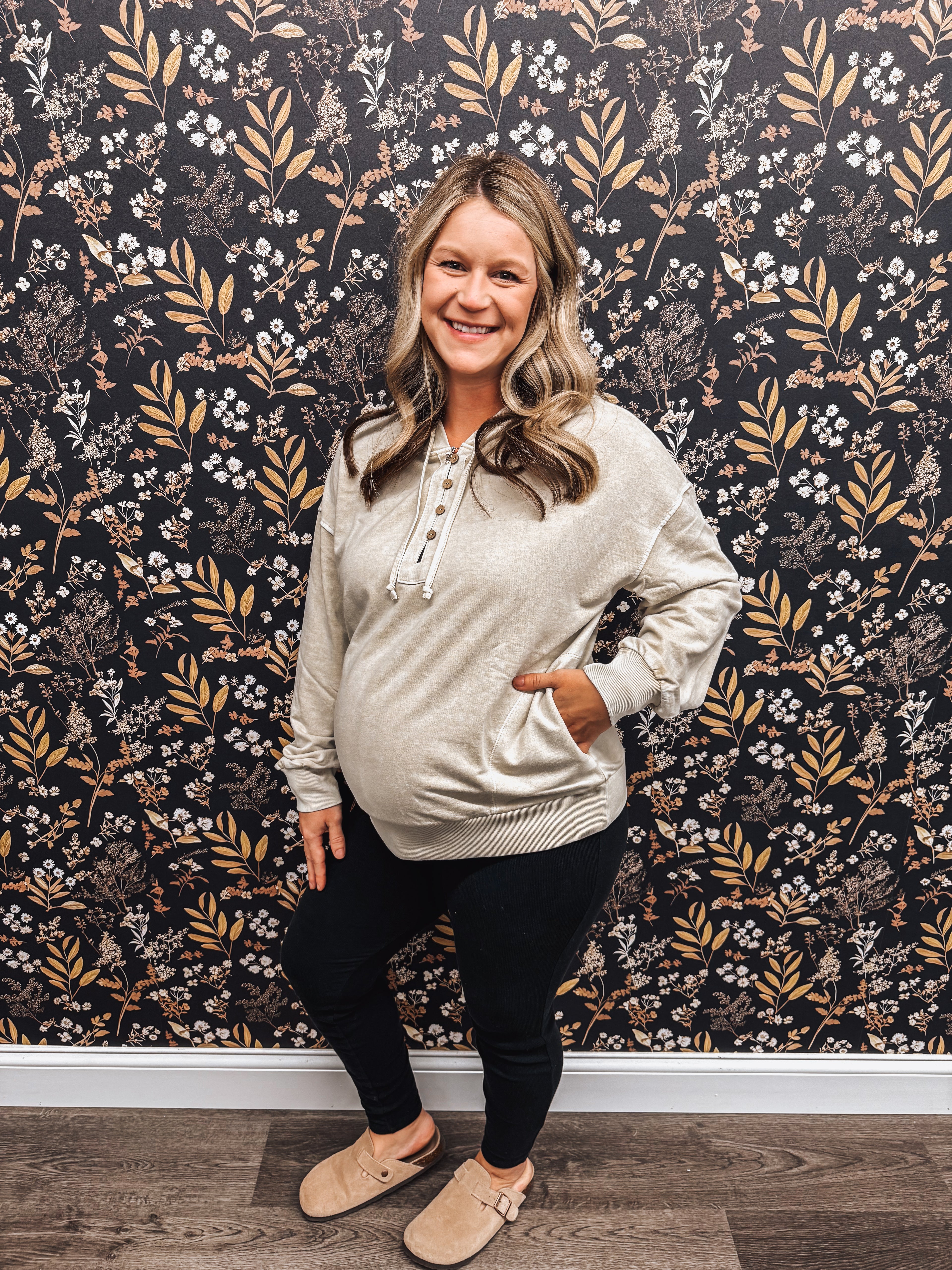 washed oatmeal henley hoodie