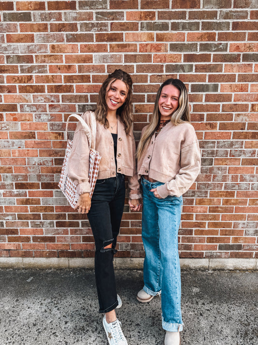 cropped taupe sweatshirt cardigan