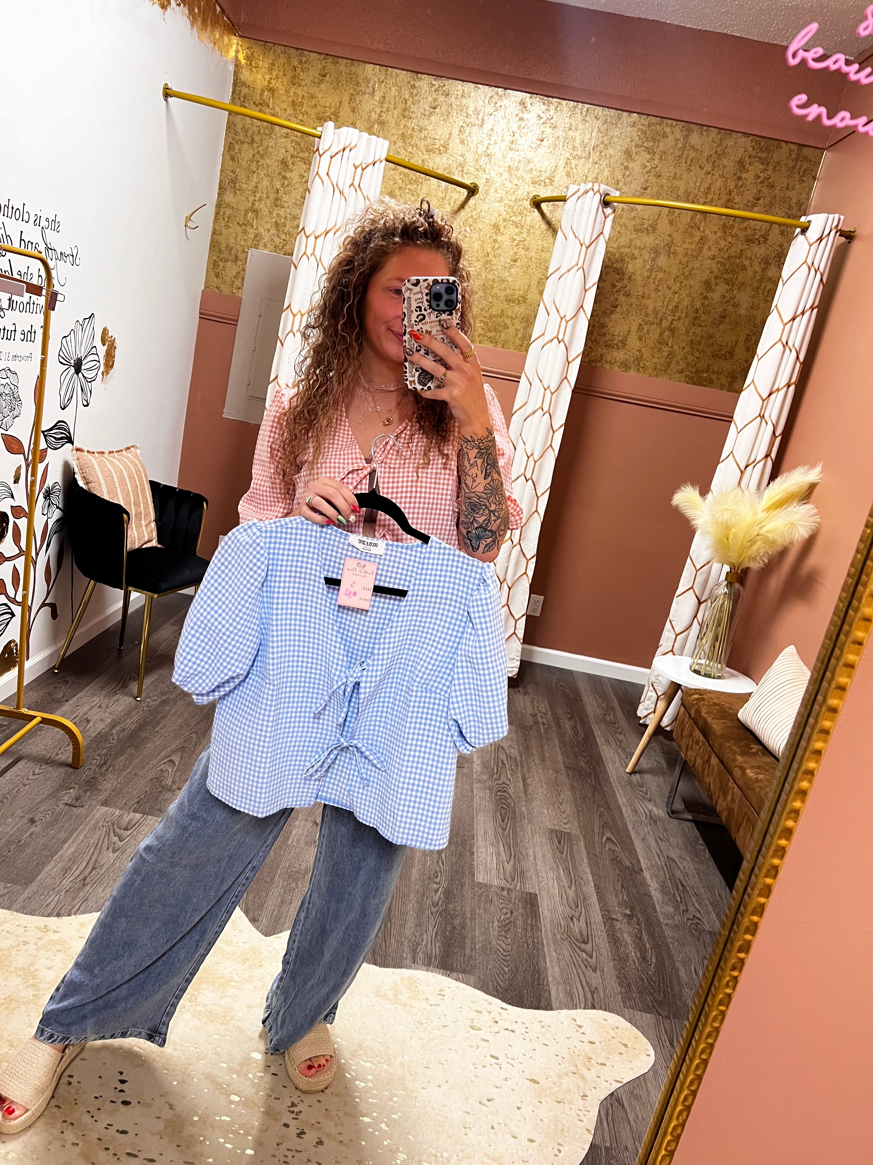 gingham bow tie puff sleeve top in 2 colors