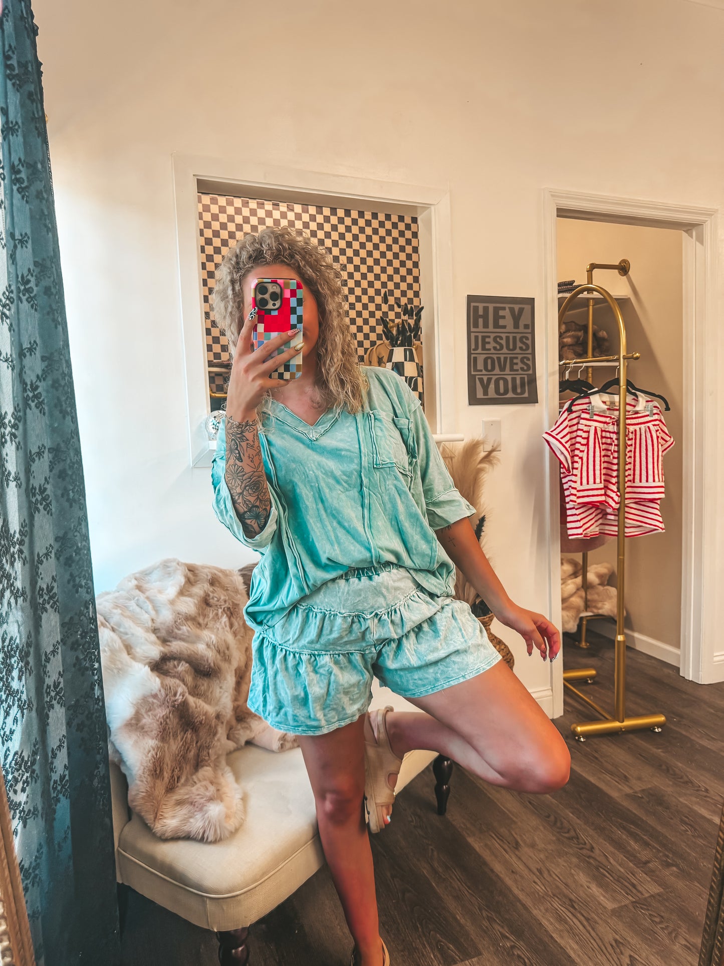 cyan mineral wash ruffle short set