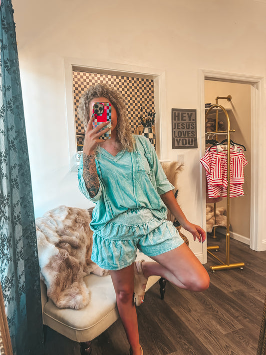 cyan mineral wash ruffle short set