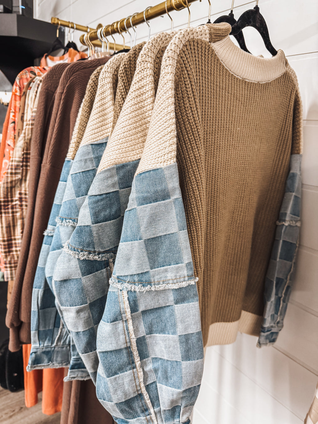 denim checkered sleeve beige sweater