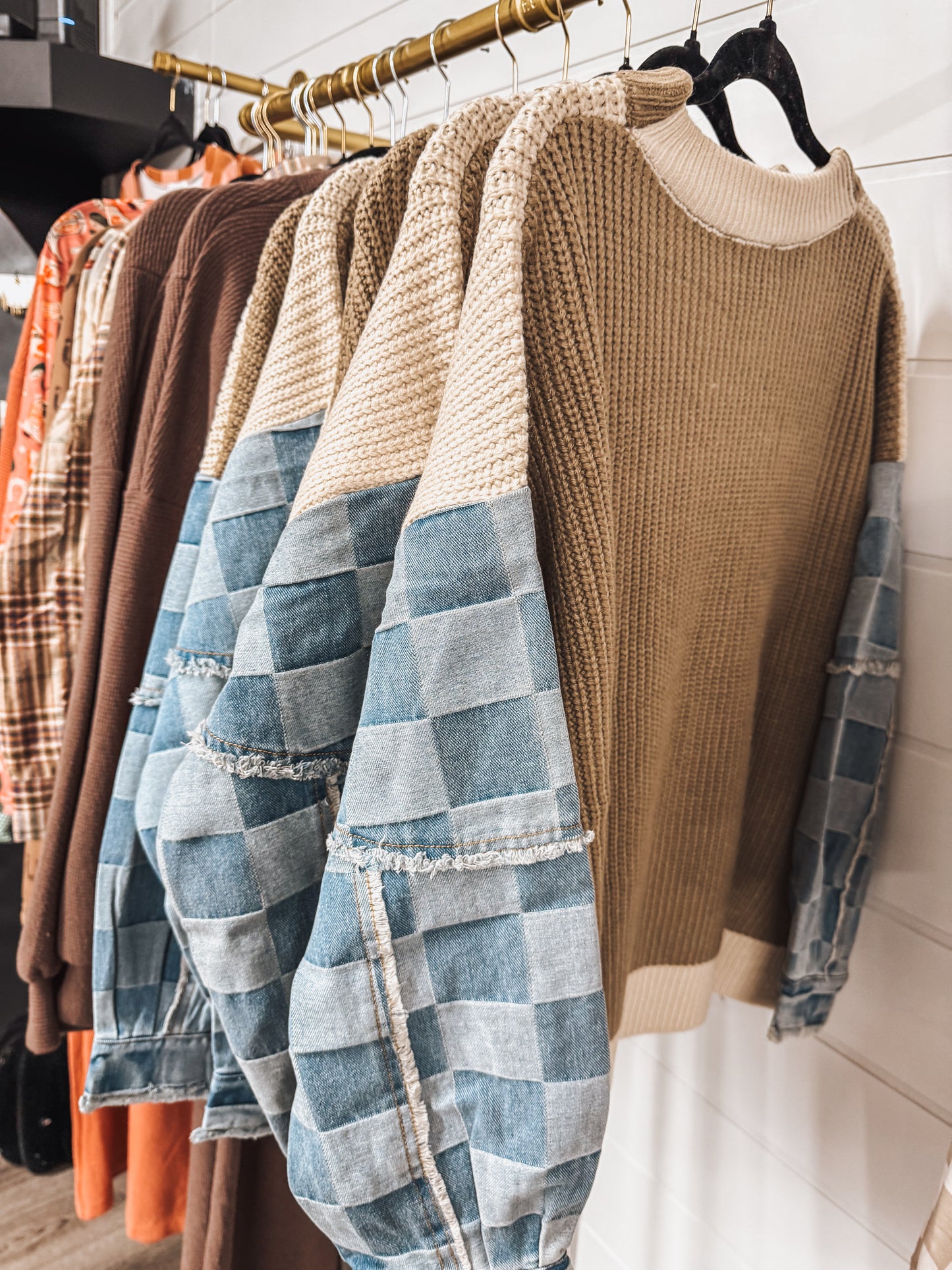 denim checkered sleeve beige sweater
