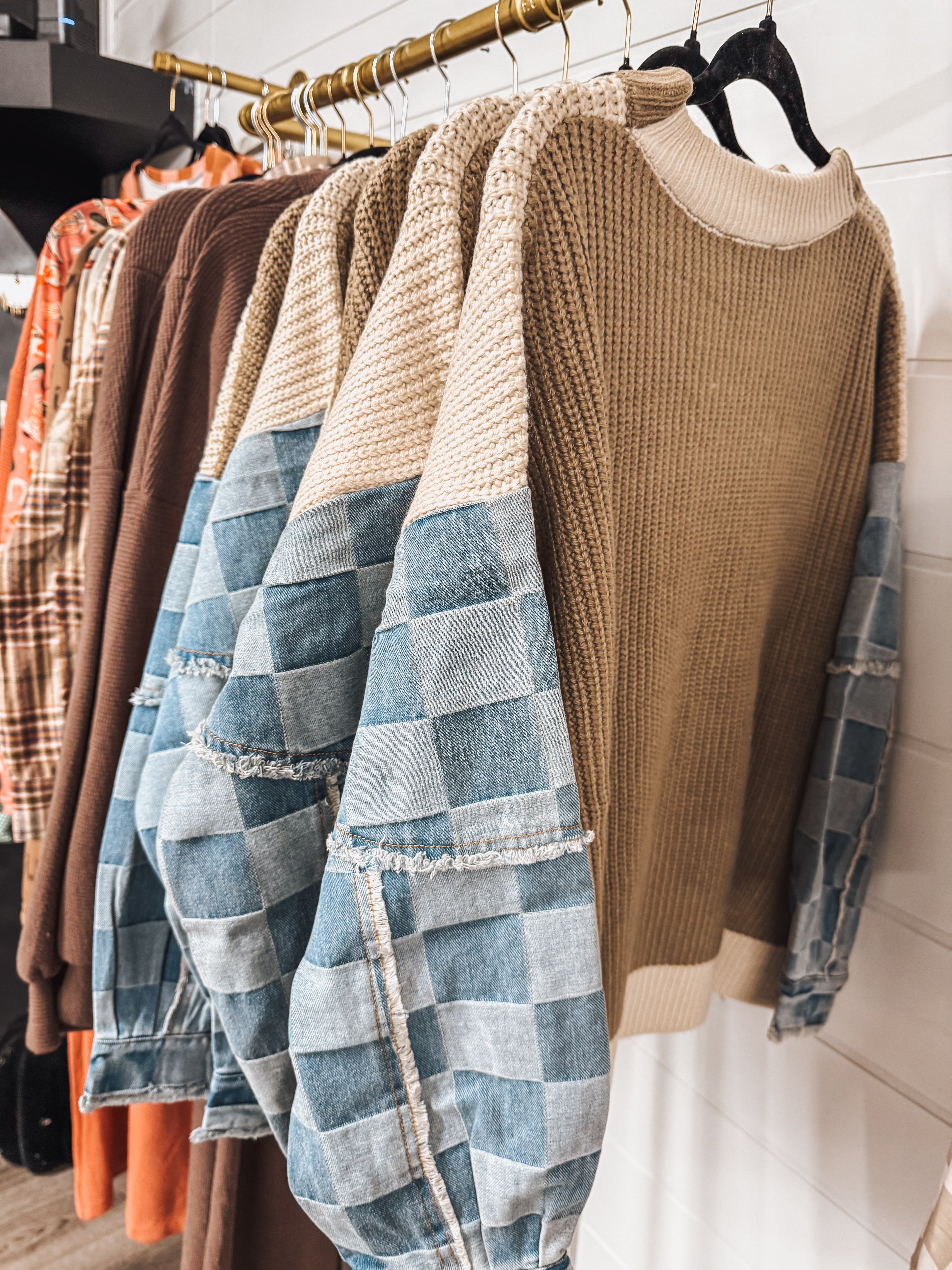 denim checkered sleeve beige sweater