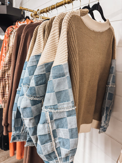 denim checkered sleeve beige sweater