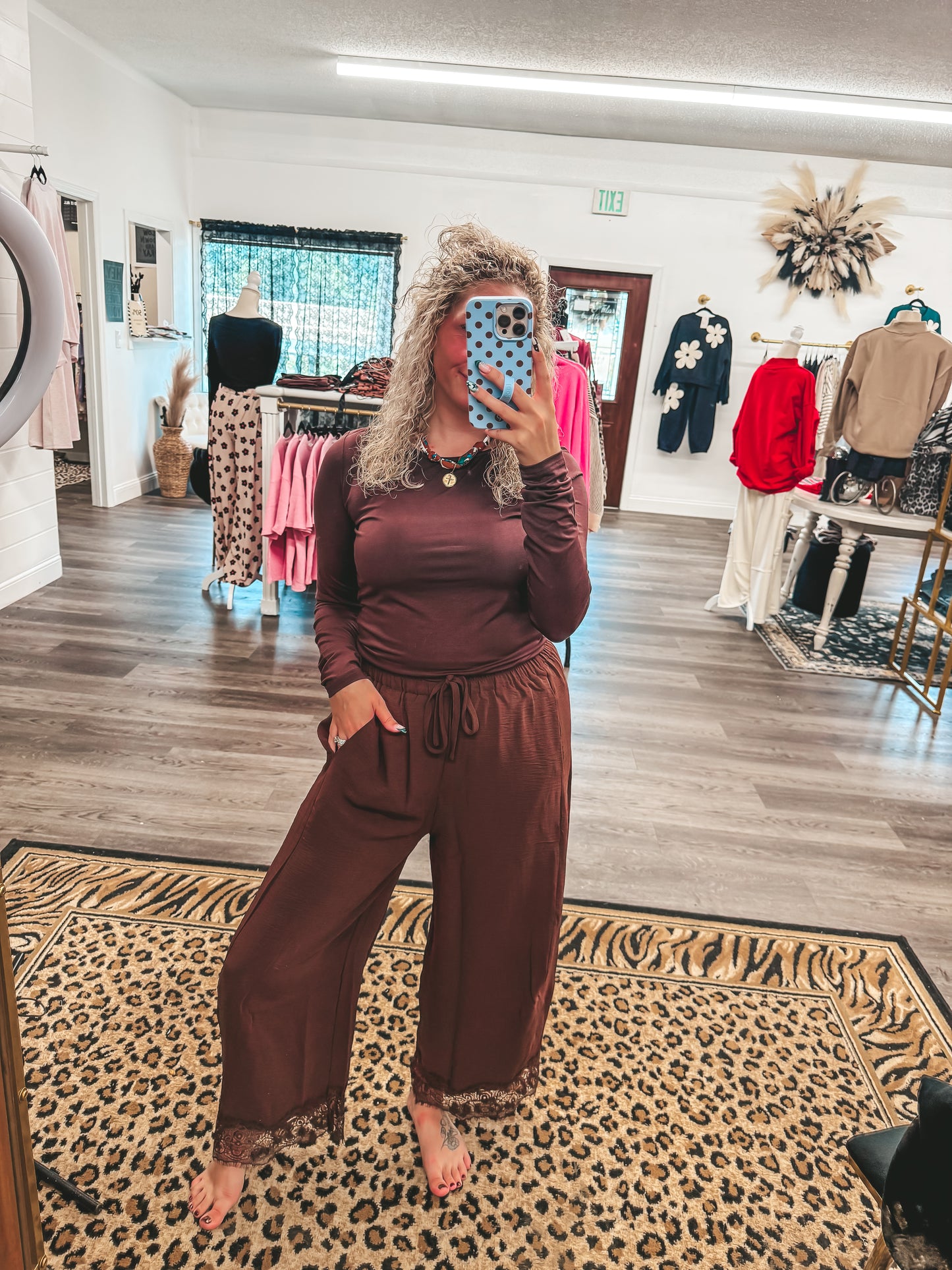 Brown lace trim pants
